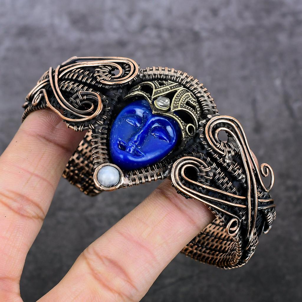 Cameo, Moonstone Handmade Copper Wire Wrap Cuff Bangle Adjustable Z7i86
