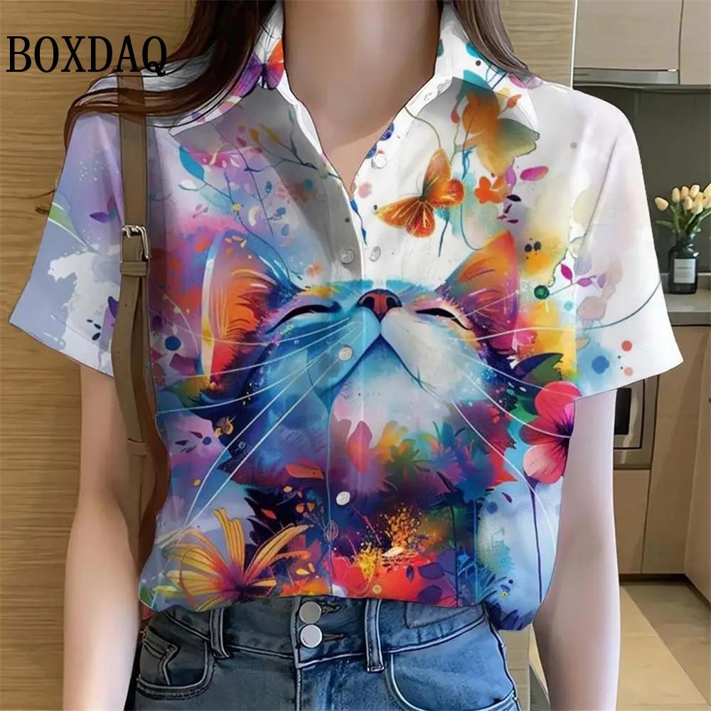 Womens Shirts Artistic Cute Cat Printed Casual Hawaiian Short Sleeve Button Beach Shirt Summer New Blouse Women's Clothes 2025