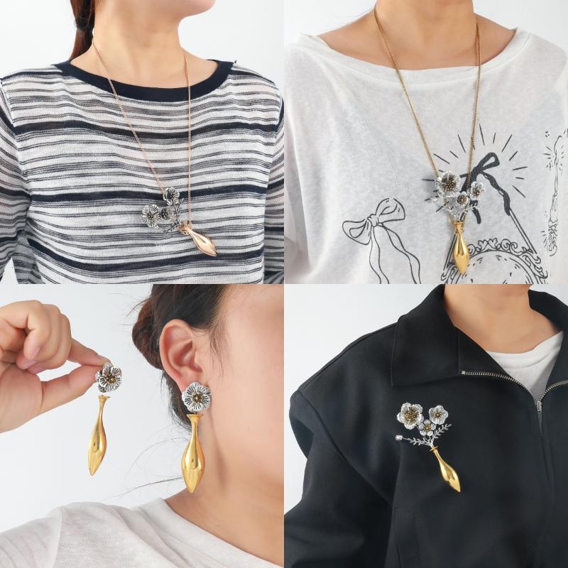 Personalized Design Flower Metal Pendant Necklace Exaggerated Flower Vase Earrings Brooch For Women Holiday Party Jewelry Gifts