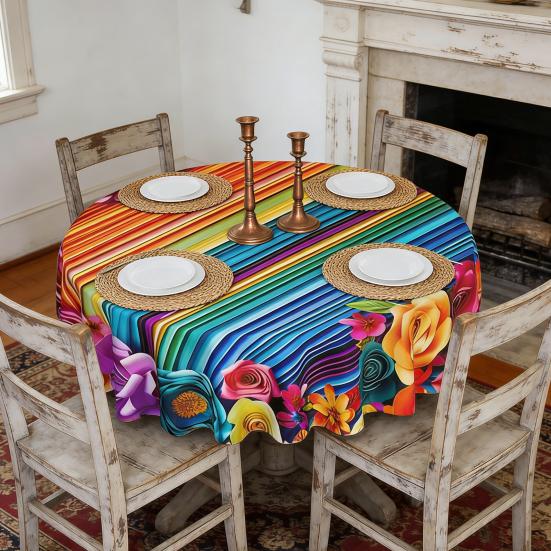 Mexican Floral Tablecloth Round Table Cover with Scalloped Edge Colorful Flower Folk Art Pattern