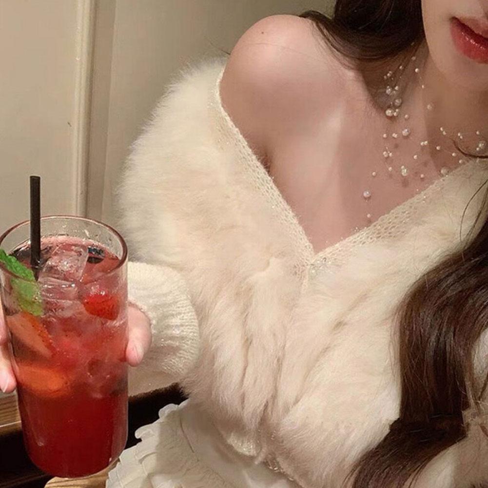 Elegant White Pearl Necklace Women's Clavicle Chain 2025 Chain High-End Sweater Multi-Layer New Q1R0