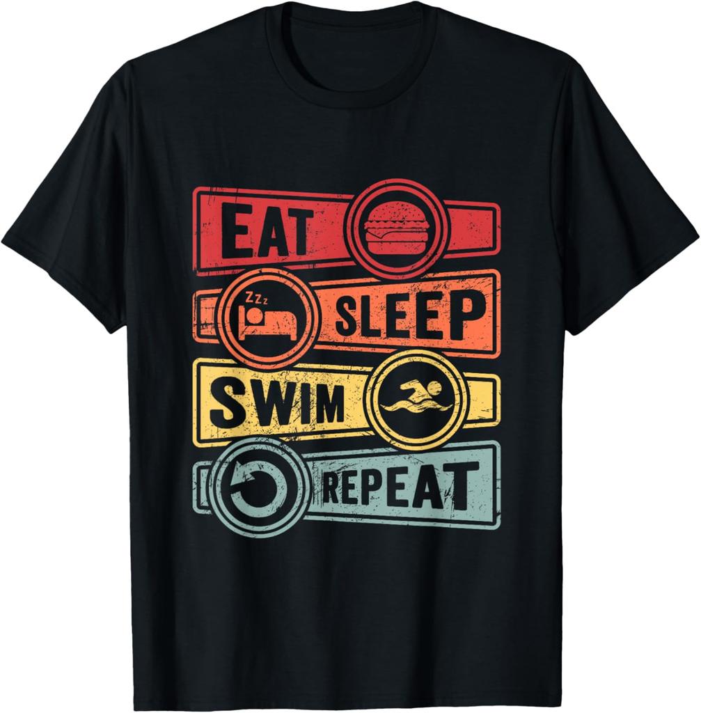 Eat Sleep Swim Repeat TShirt Print Original Design Gifts Cotton Vintage T Shirt Graphic T Shirts Camiseta Hombre