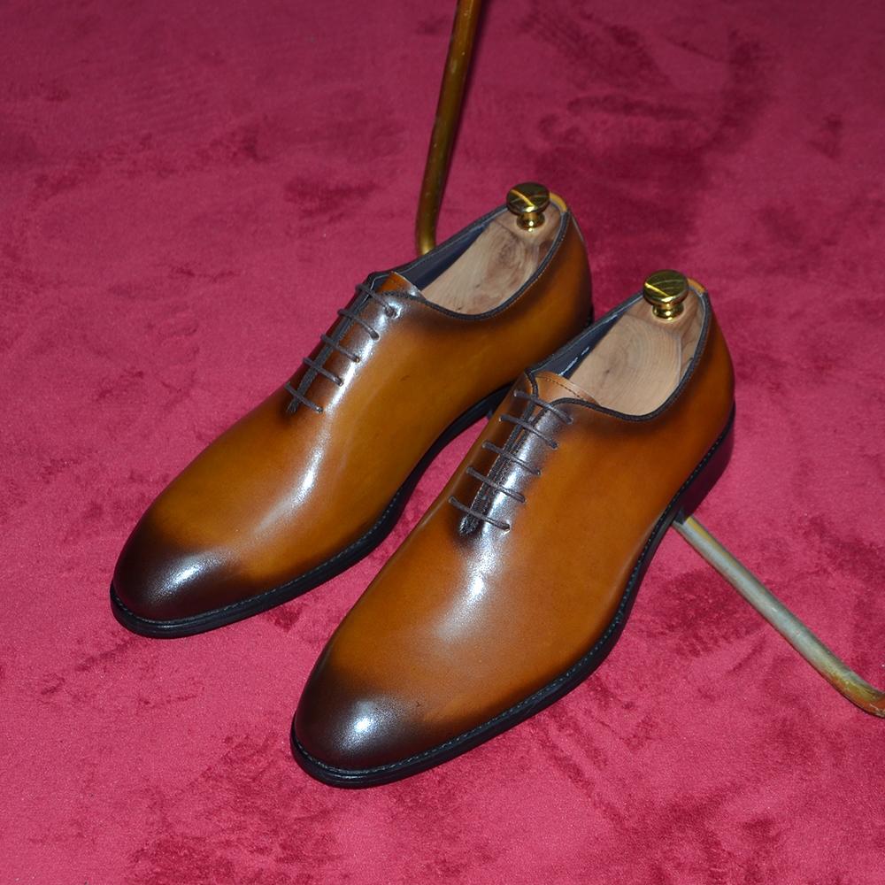 Brand Designer Whole Cut Oxford Dress Shoes Men Genuine Leather Handmade Lace Up Plain Toe Business Office Formal Wedding Shoe