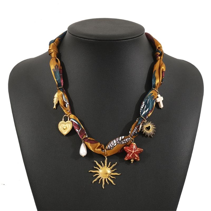 Trendy Multicolor Scarf Necklace Featuring Heart Star Sun Pendant Creative Stainless Steel Neckwear Accessory