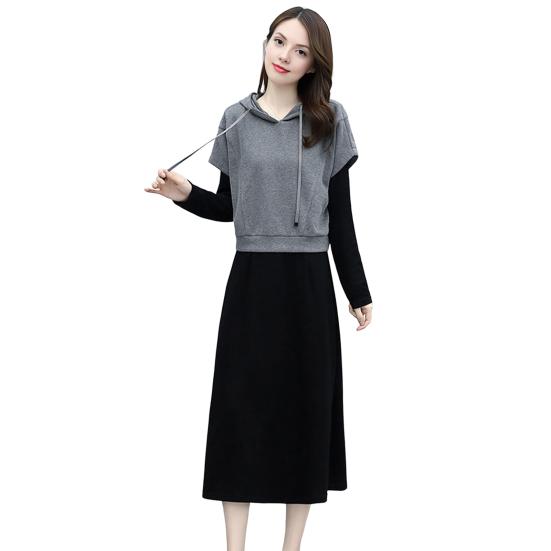 Women s 2 Piece Dress Set Pullover Hooded Drawstring Sweatshirts Midi Dress Lounge Sets Casual Fall Spring Outfits M