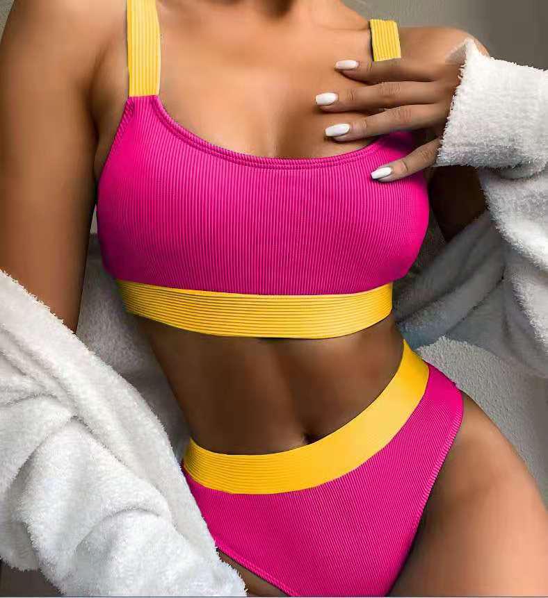 

European and American Style High-Waisted Solid Color Bikini Swimsuit for Women XL розы красного