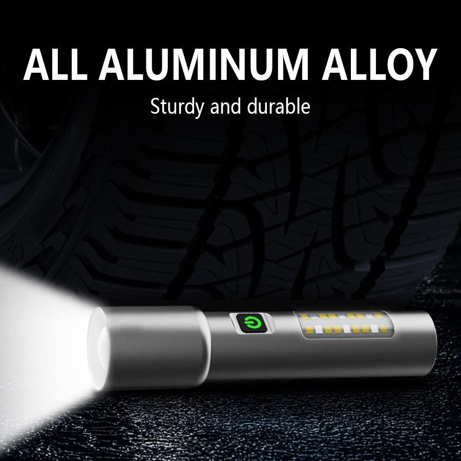 High Power Spotlight Long LED Flashlight with COB Side Light Aluminum Alloy Type-C Zoomable Ultra Bright Emergency Torch