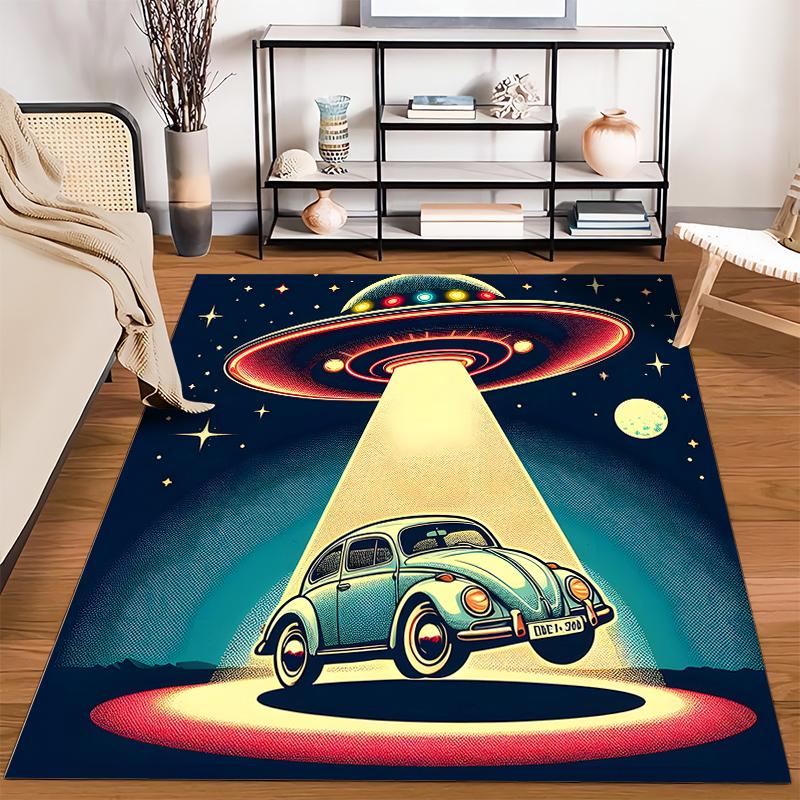 Vintage UFO Alien Abduction Scene Carpet with Retro Car Design Suitable for Use As an Anti-slip for Living Room Bedroom Sofas