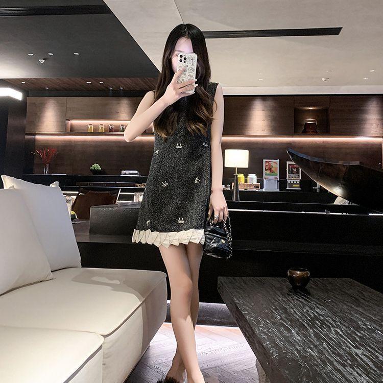 Temperament Thin Thick Heel Crystal One-word Drag with Fluffy Cool Slippers Women's 2025 Korean Version Fashion Outer Wear New Middle Heel
