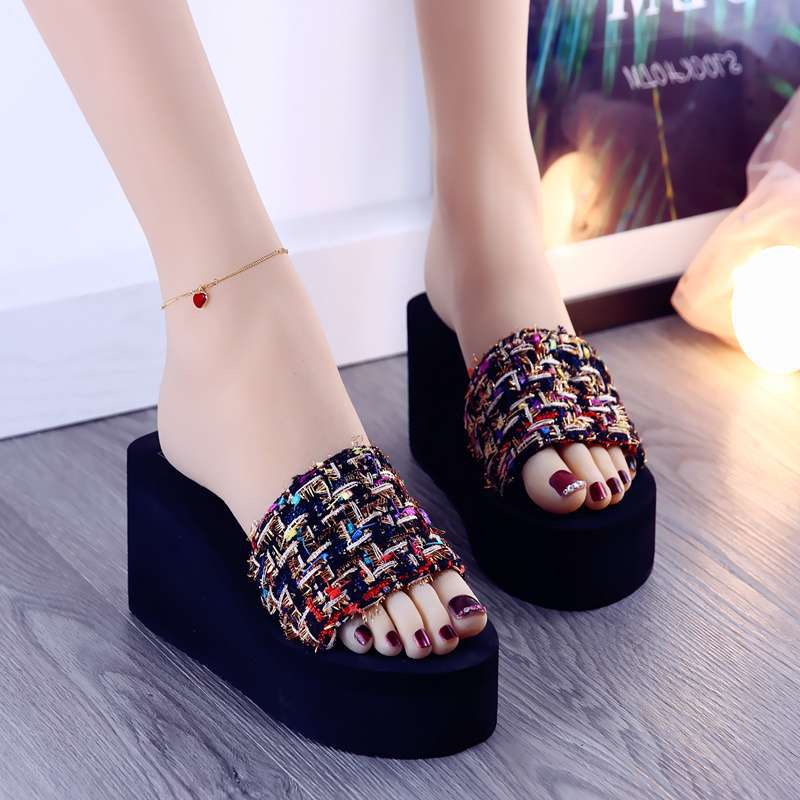 New summer wear high-heeled thick-soled women's non-slip sandals one-word slippers women's slope heel fashion beach seaside women's slippers