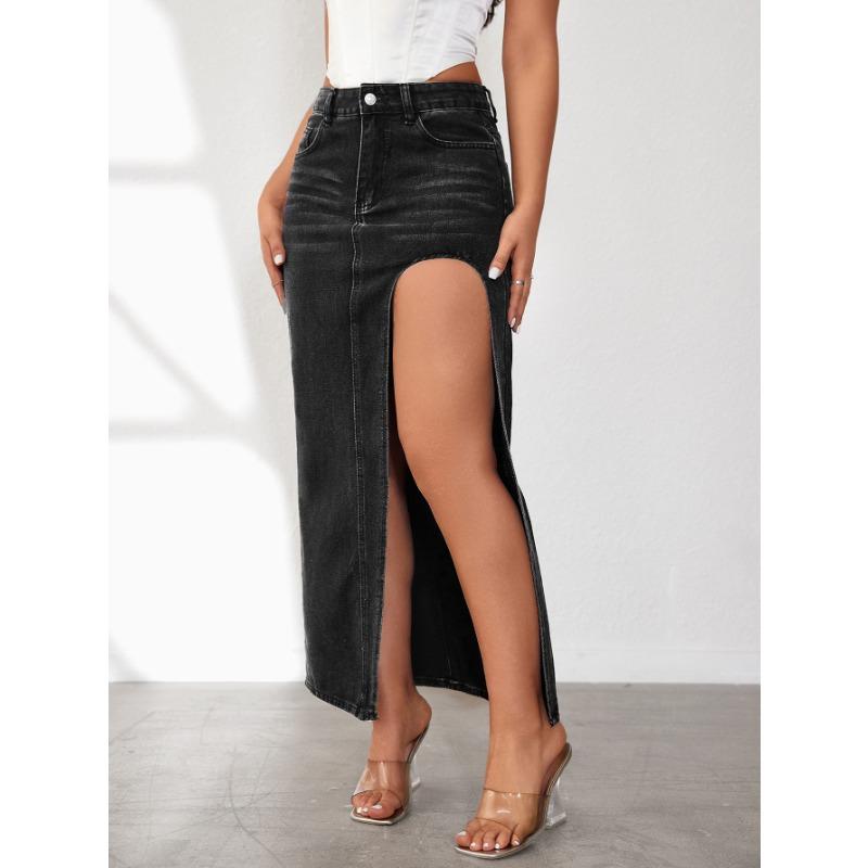 Letní dámská džínová sukně Vysoce rozdělená džínová sukně Jednobarevná Středně dlouhá sukně