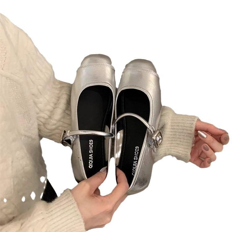 Silver Mary Jane Shallow Mouth Single Shoes Women's 2025 Spring New Korean Version Square Head French Fairy Style Soft Sole Doudou Shoes
