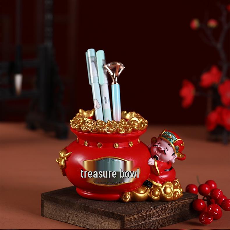 Fortune Piggy Bank: God of Wealth Pen Holder & Flower Arrangement - Lucky Bag Decor, Office Storage, New Year Gift