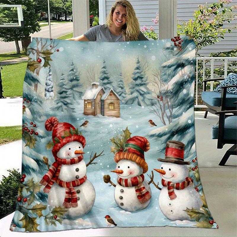 1pc Christmas Snowman Printing Lightweight Flannel Blanket, Comfortable and Warm Blanket, for Camping Sofa Bed and Couch Office, Gift