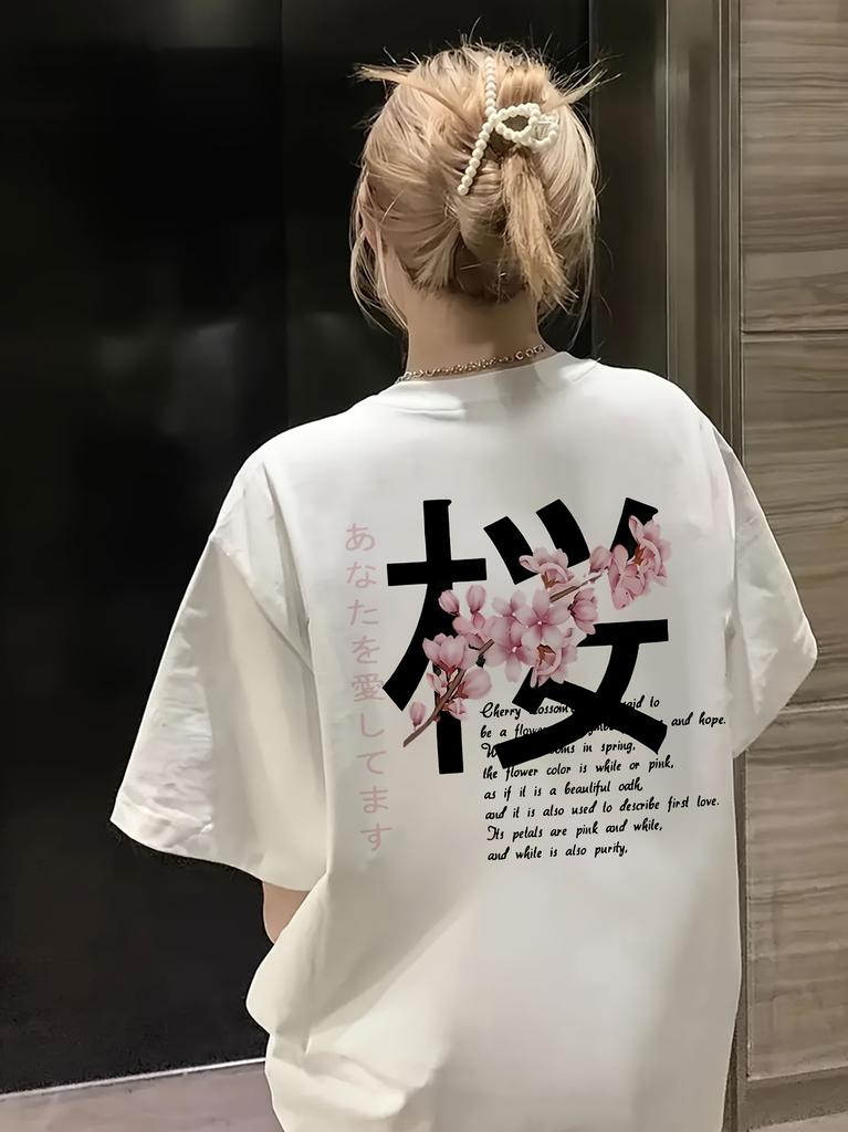 Summer Women's Y2K Floral Print Cotton T-Shirt Black Cherry Blossom Japanese Text Design Round Neck Short Sleeve Casual Top