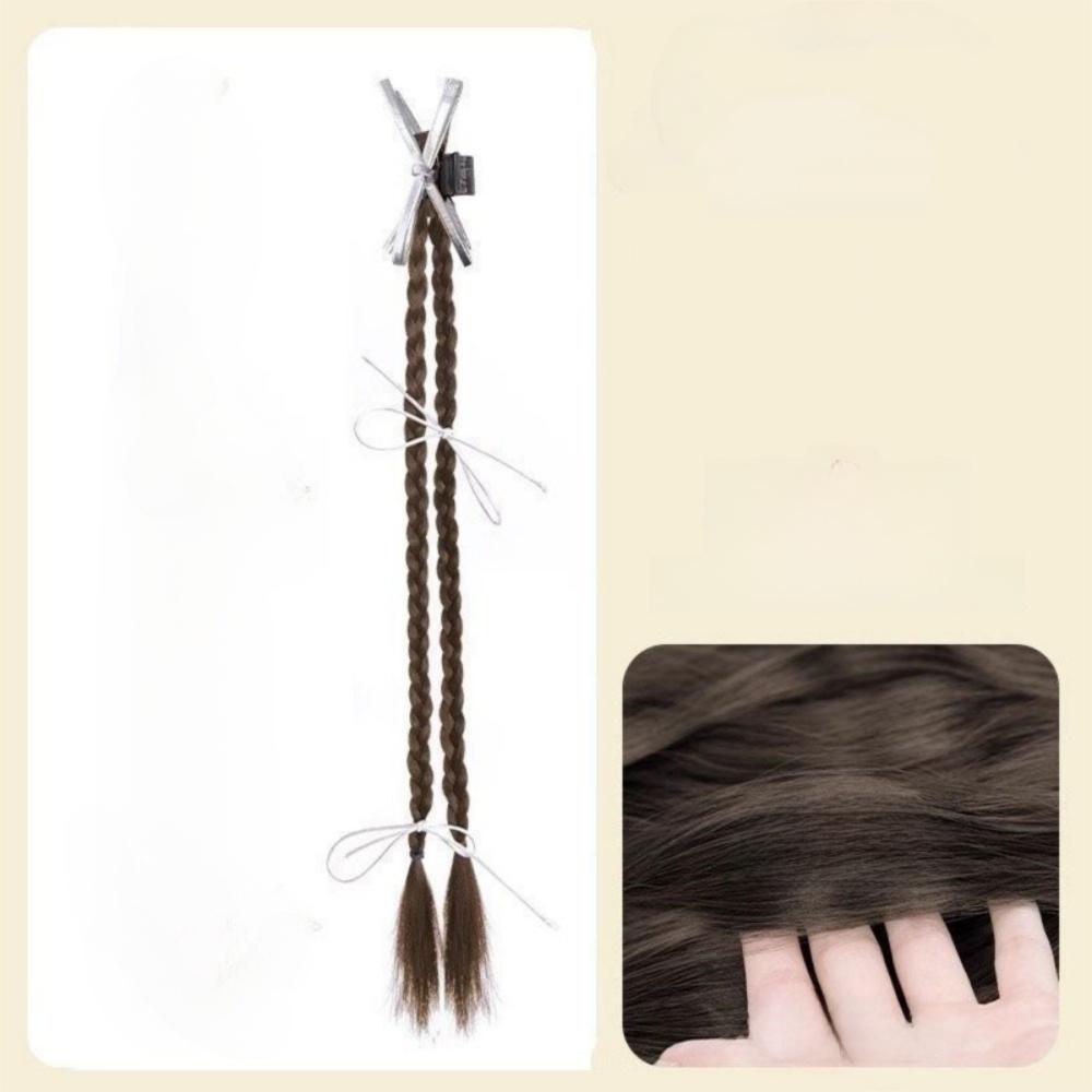 

1pcs Ribbon Bowknot Double Ponytail Natural Twisted Fake Braids Sweet Wig Clip Hair Accessory коричневий