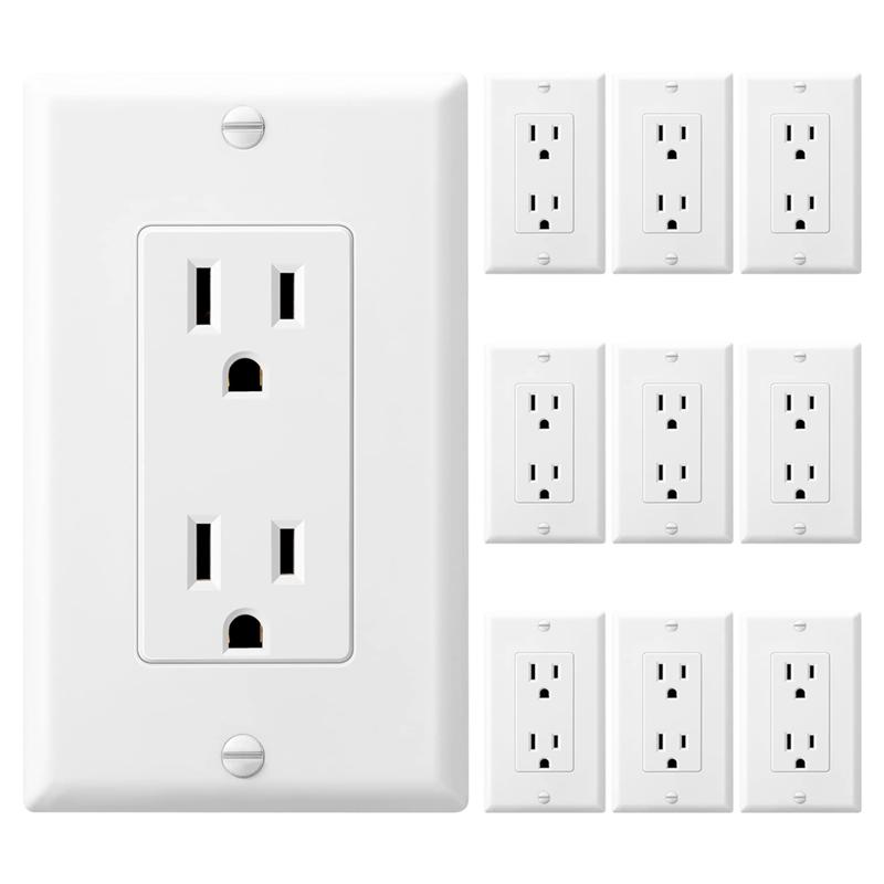 ABBY-10 Pack Tamper-Resistant Electrical Outlet Decorator Receptacle Outlet With Wall Plate, 15A 125V, Self-Grounding