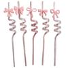 5Pcs Pink Bow Straw Curved Drink Reusable Glitter Straw Home Birthday Party Cocktail Wedding Tea Decorations Cute Supplies