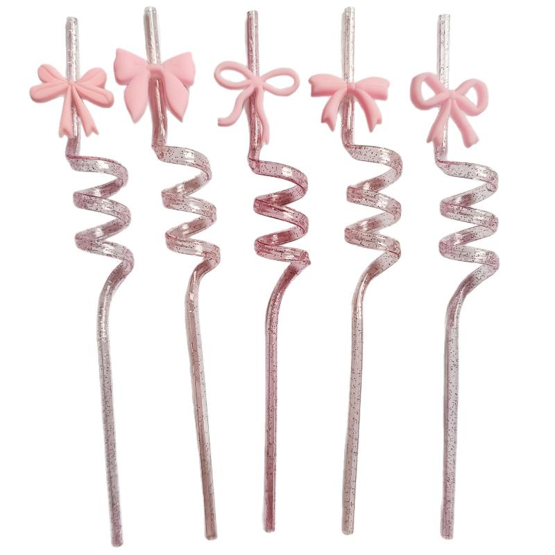 5Pcs Pink Bow Straw Curved Drink Reusable Glitter Straw Home Birthday Party Cocktail Wedding Tea Decorations Cute Supplies