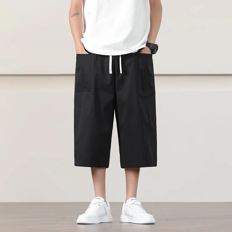 Summer Chinese Style Men Soild Color Calf Lenght Pants Men Breathable Lightweight Trousers Man Loose Daily Casual Striped Bottom