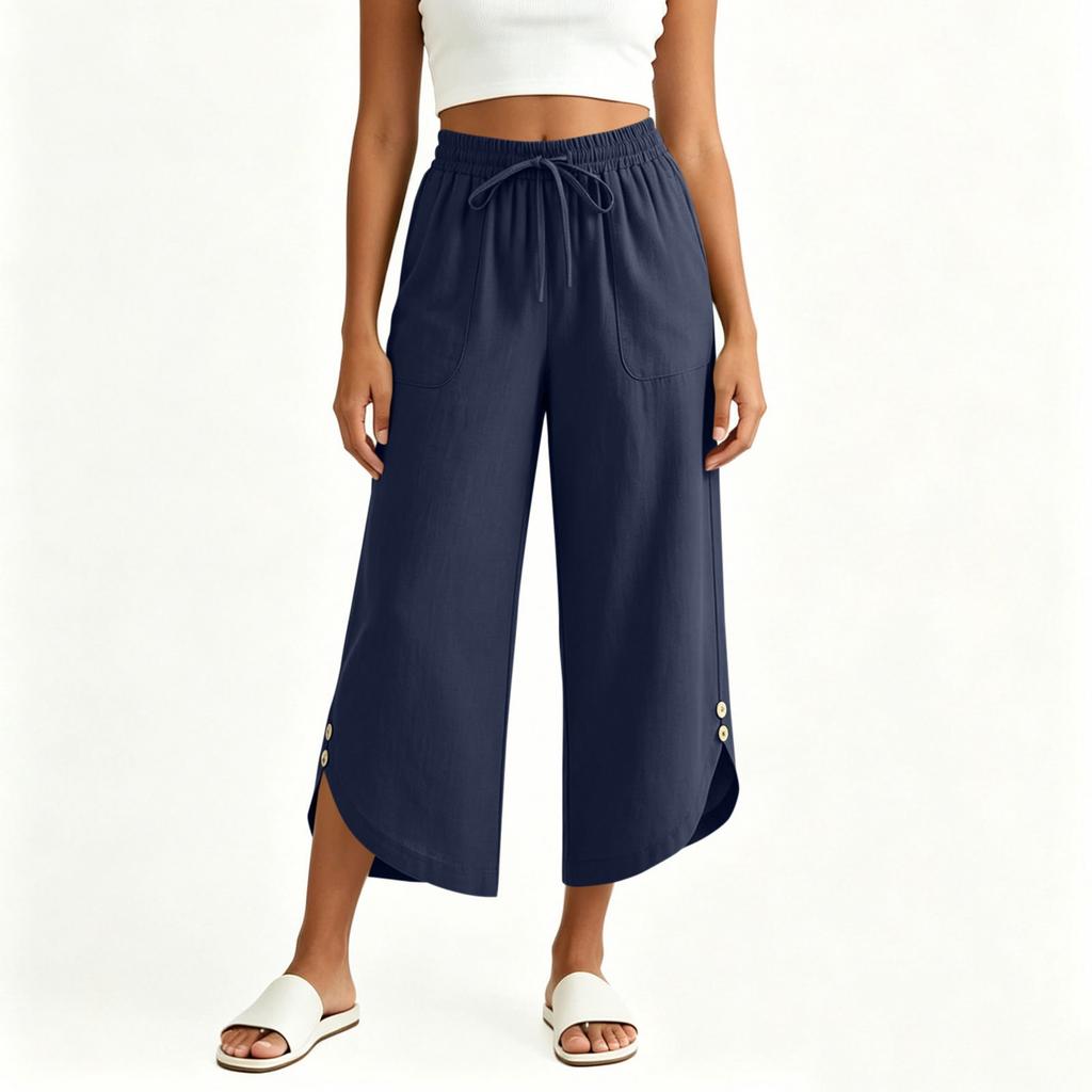 Women Casual Elastic Waist Drawstring Pants with Pockets Side Button Detail Relaxed Fit Cropped Trousers for Everyday Wear