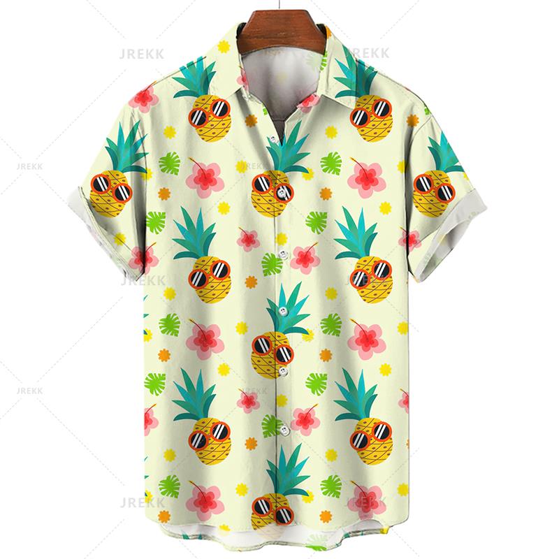 3D Tištěná Havajská Pánská Košile Tropické Ovoce Ananas Dámská Košile s Krátkým Rukávem Volný Pohodlný Top Dovolená Plážové Oblečení Topy