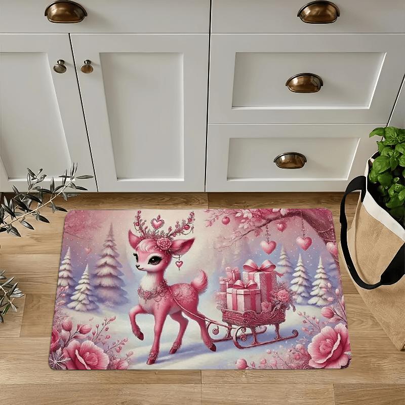 1Pcs Anti Fatigue Kitchen Rugs,Christmas Pink Deer  Print Waterproof Non-Slip Thick Cushioned Kitchen Mat Heavy Duty Comfort Standing Mat for Kitchen