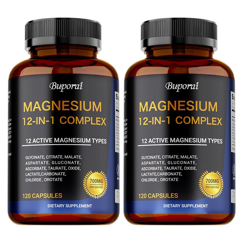 Magnesium 12-in-1 Complex Capsules, 700 Mg Per Serving, Containing a Mixture of Magnesium Glycine, Magnesium Citrate, and Magnesium Malate.
