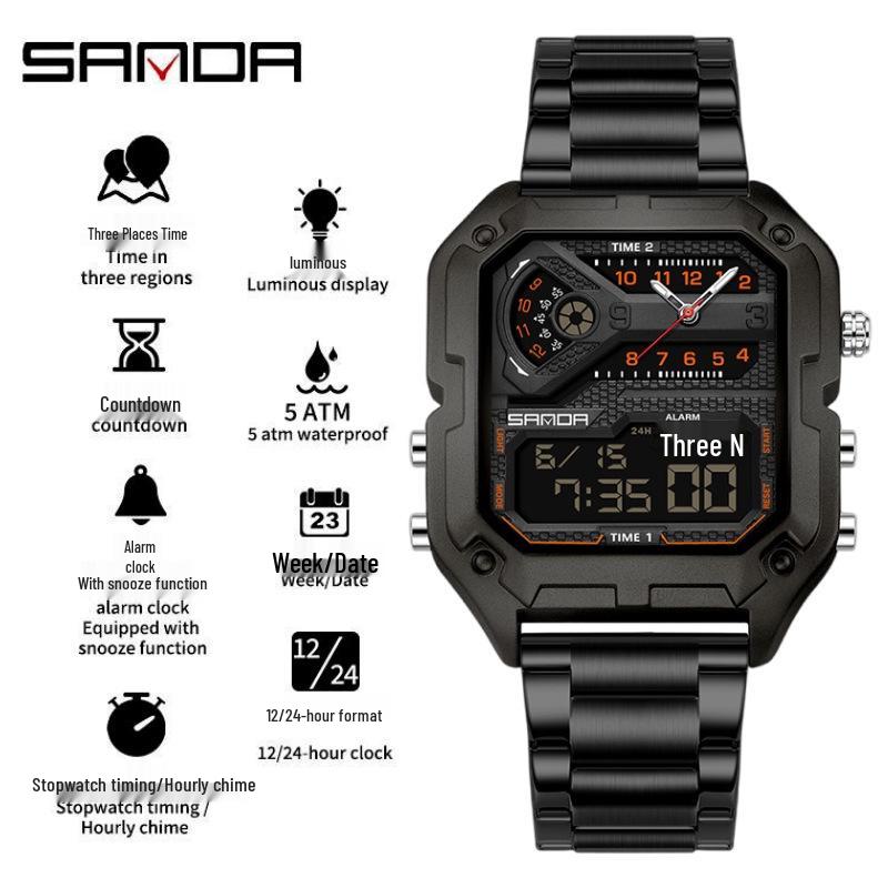 SANDA Men's Luxury Quartz Watch - Steel Band, Waterproof, Three-Time Zone, Versatile for Casual and Workplace Wear.