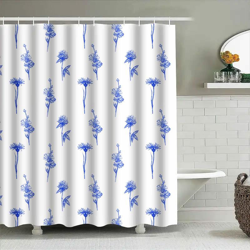 Vintage Blaues Blumenmuster Duschvorhang Wasserdicht Badezimmer Dekoration Wasserdichte Rückwand Polyester Anpassbare Größenwahl