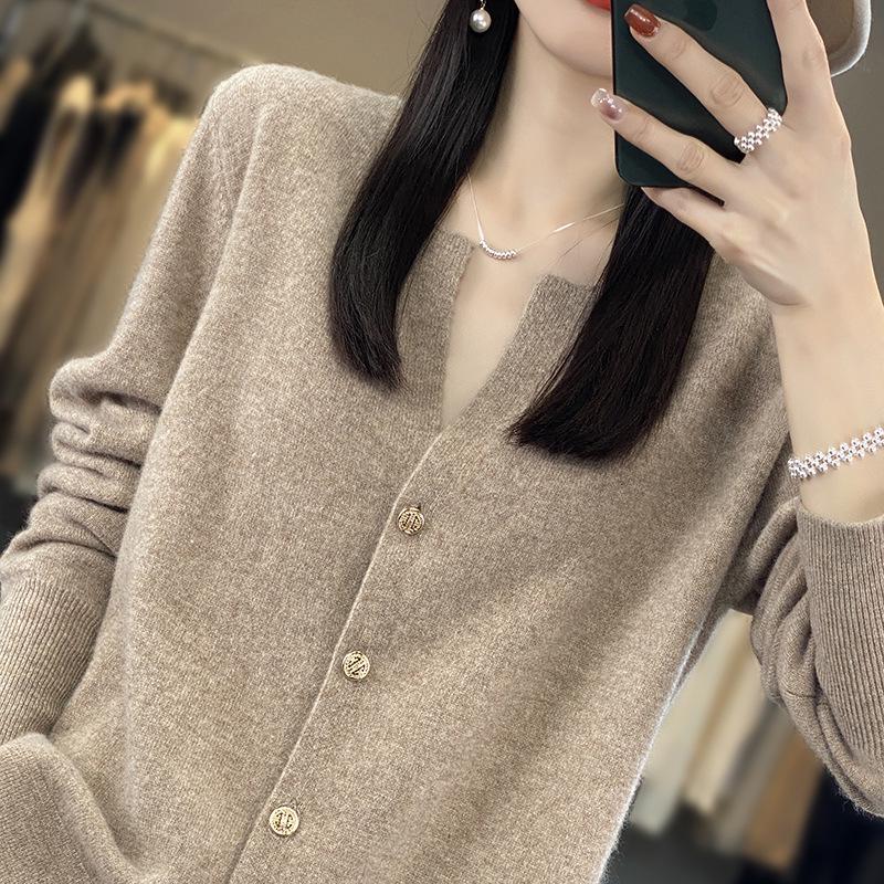 2023 Women's Pure Wool V-Neck Cashmere Cardigan - Solid Color Knit, Loose Fit