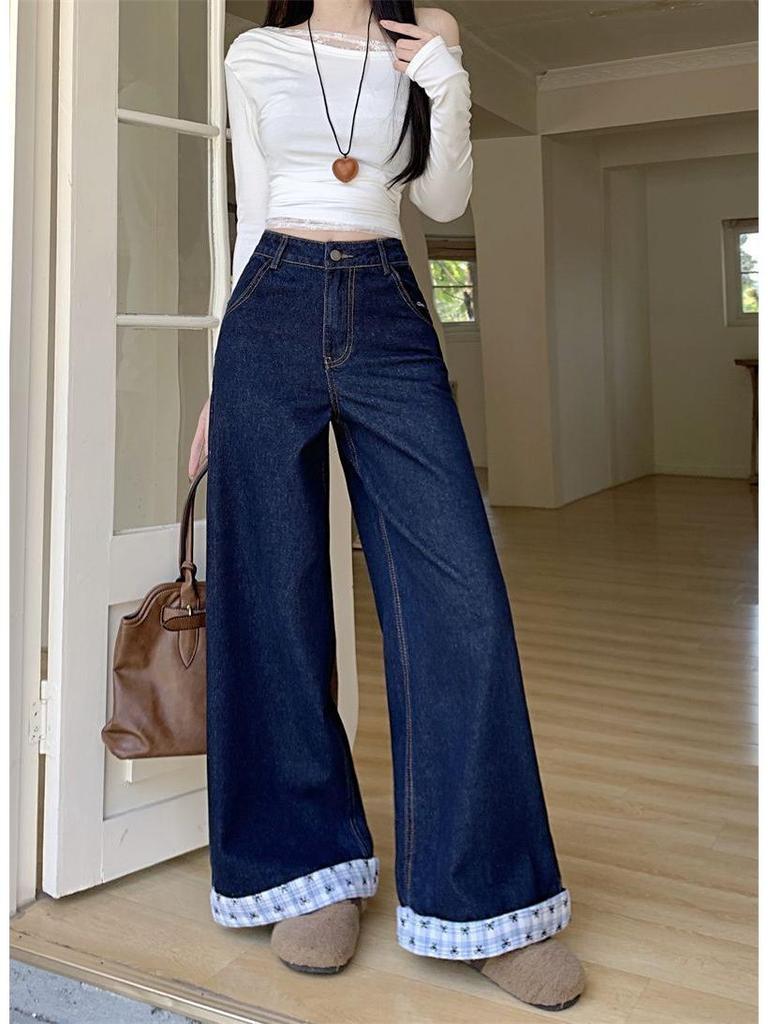 Damen Übergröße Hohe Taille Patchwork Schmetterling Bestickt Weites Bein Jeans