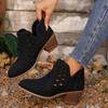 Women's Slip-On Chunky Mid-Heel Ankle Boots with Breathable Cut-Out Design - Round Toe Casual Faux Cover Booties, Fabric Lined