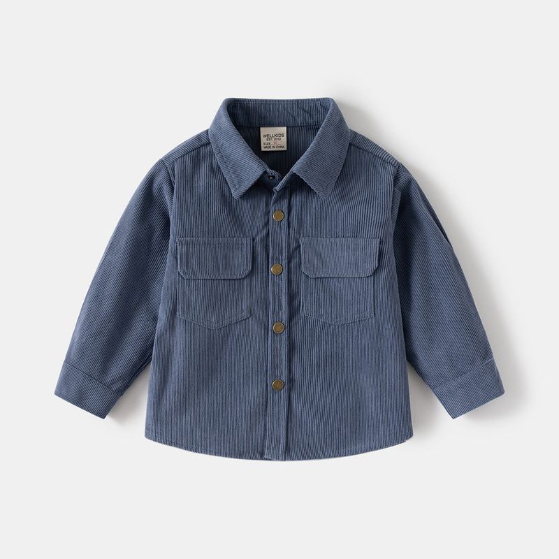 Kids Double Pocket Shirt Spring and Autumn Boys' Long Sleeves Corduroy Shirt Baby Boys' Polo Collar Solid Color Cardigan Top
