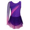 Girls Shiny Rhinestone Contrast Color Performance Dress Round Neck Asymmetrical Split Skating Dance Gymnastics Gown