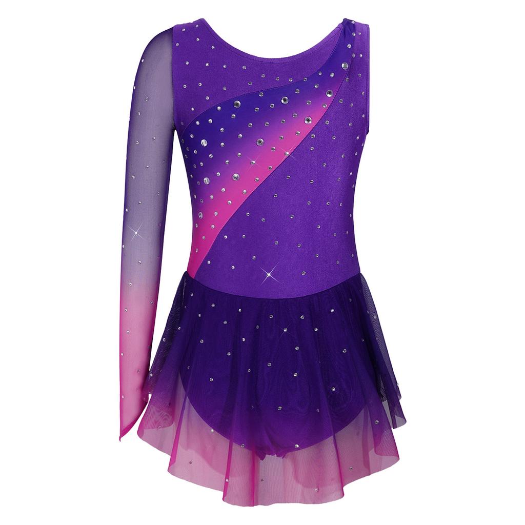 Girls Shiny Rhinestone Contrast Color Performance Dress Round Neck Asymmetrical Split Skating Dance Gymnastics Gown