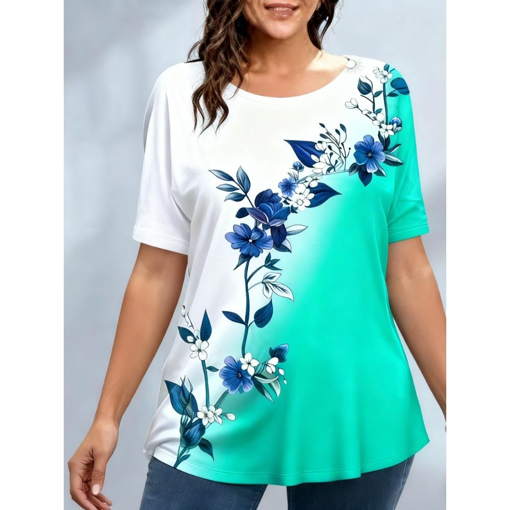 Tricouri de damă mărime mare XL-7XL Tricou de damă cu gât rotund, la modă, cu patchwork floral și imprimeu colorat, cu mânecă scurtă