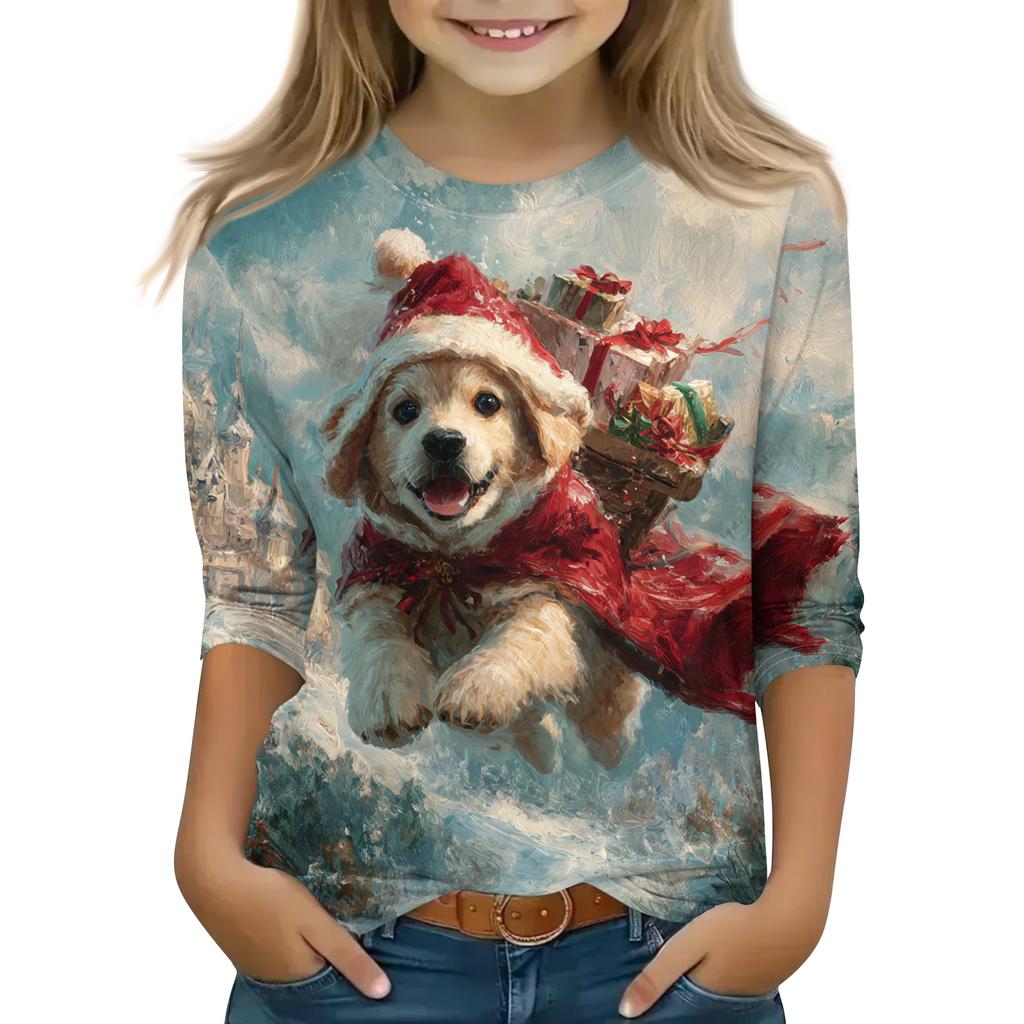 Christmas Day Print Tops For Youth Girls 5-16 Years Round Neck 3/4 Sleeves T-Shirts Trendy Tops Outfit Tees