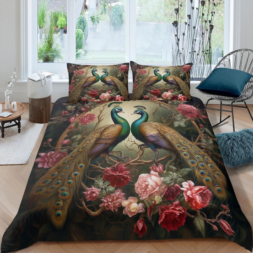 Peacock Duvet Cover Set Simple Peacock Feathers Pattern Queen Comforter Cover Girls Women 3 Piece Bedding Sets Bedroom Decor
