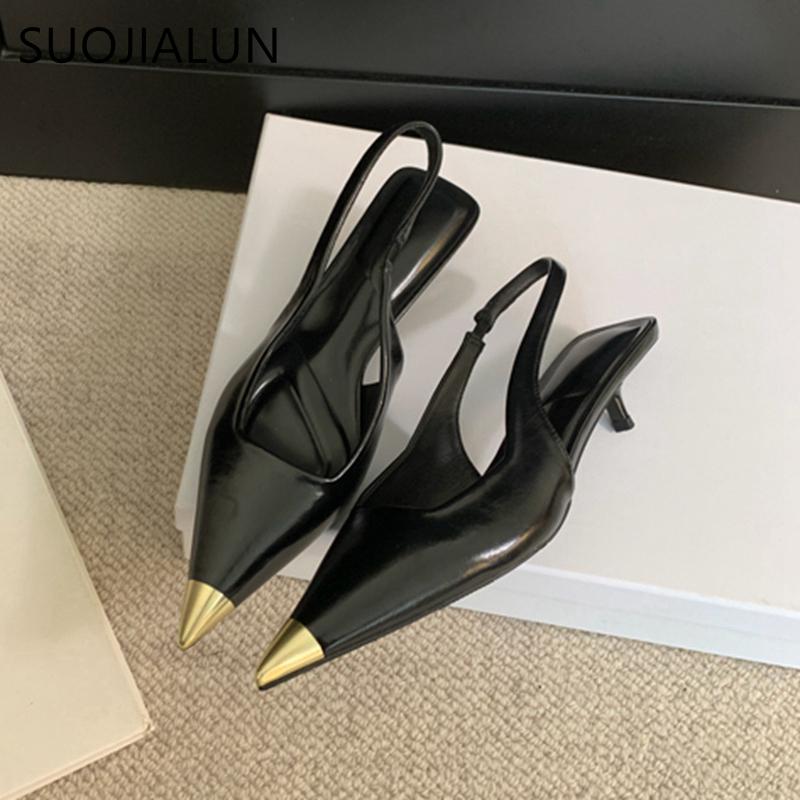 Fashion SUOJIALUN 2025 Spring New Brand Women Sandal Fashion Pointed Toe Shallow Slip On Ladies Slingback Shoes Thin High Heel Dress Pum