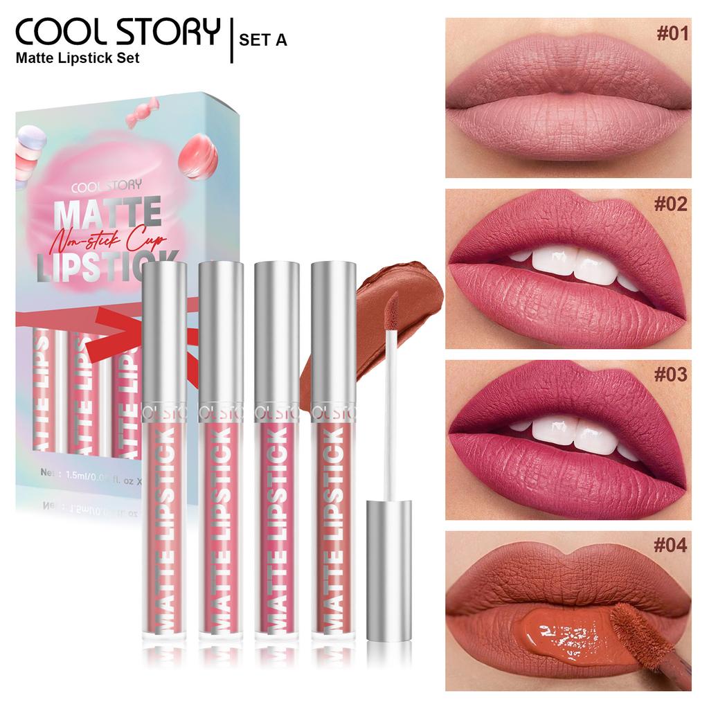 4 Velvet Lip Gloss Set Matte Color-fixed Non-stick Cup Liquid Lipstick Long-lasting Color-retaining Waterproof and Sweat-proof Cosmetics