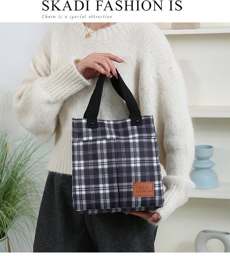 Korean Canvas Plaid Bento Handbag - Women's Retro Tote