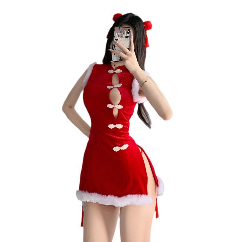 Shuo Yao Velvet Christmas Cheongsam: Sexy Bunny Cosplay Robe Set