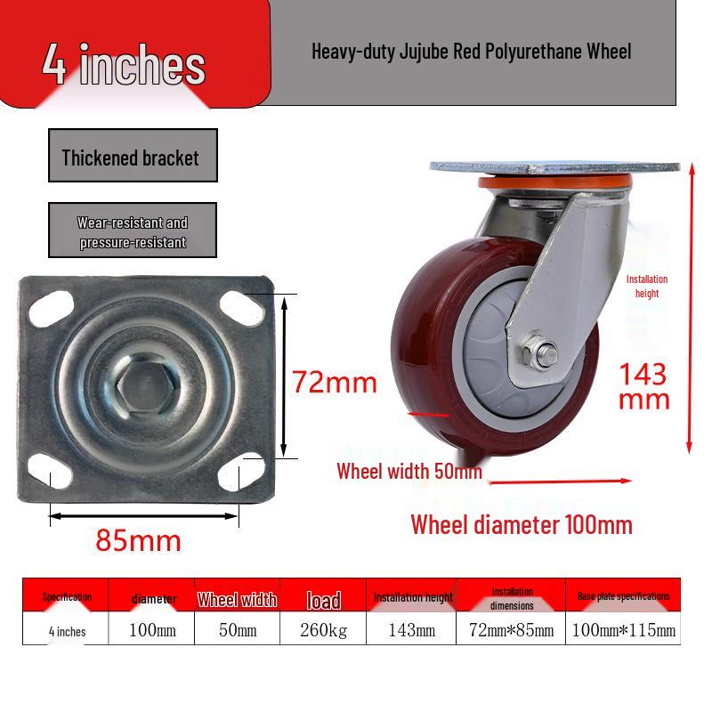 Heavy-Duty Silent Hand Truck Wheels - 4/5/6/8 Inch Double Ball Bearing, Wear-Resistant, Dark Red