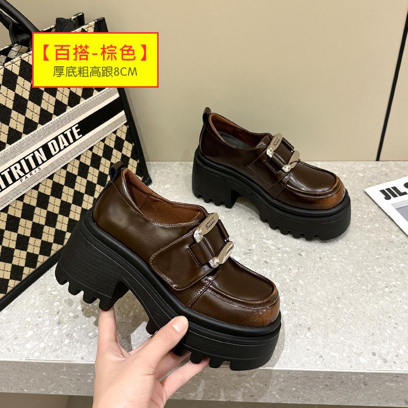 

Cowhide platform loafers women s spring 2025 Velcro versatile British style small leather shoes single shoes high heel 40 коричневый