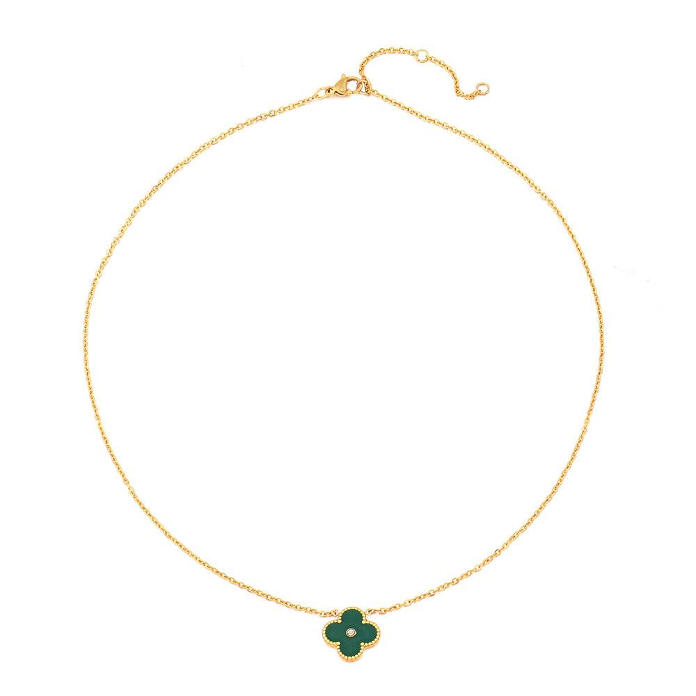 GEMCHIC Women's Four-Leaf Clover Enamel Stainless Steel Necklace with Gold Plating and Rhinestone Pendant