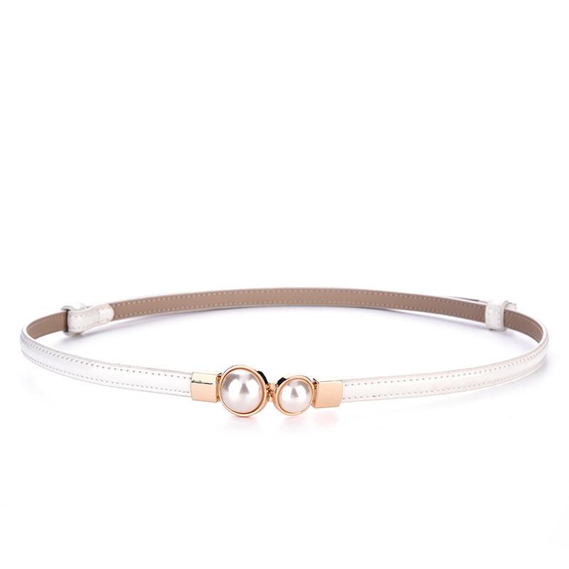 Pearl Embellished Genuine Leather Skinny Belt For Women With Silver Alloy Buckle For Dresses And Blouses