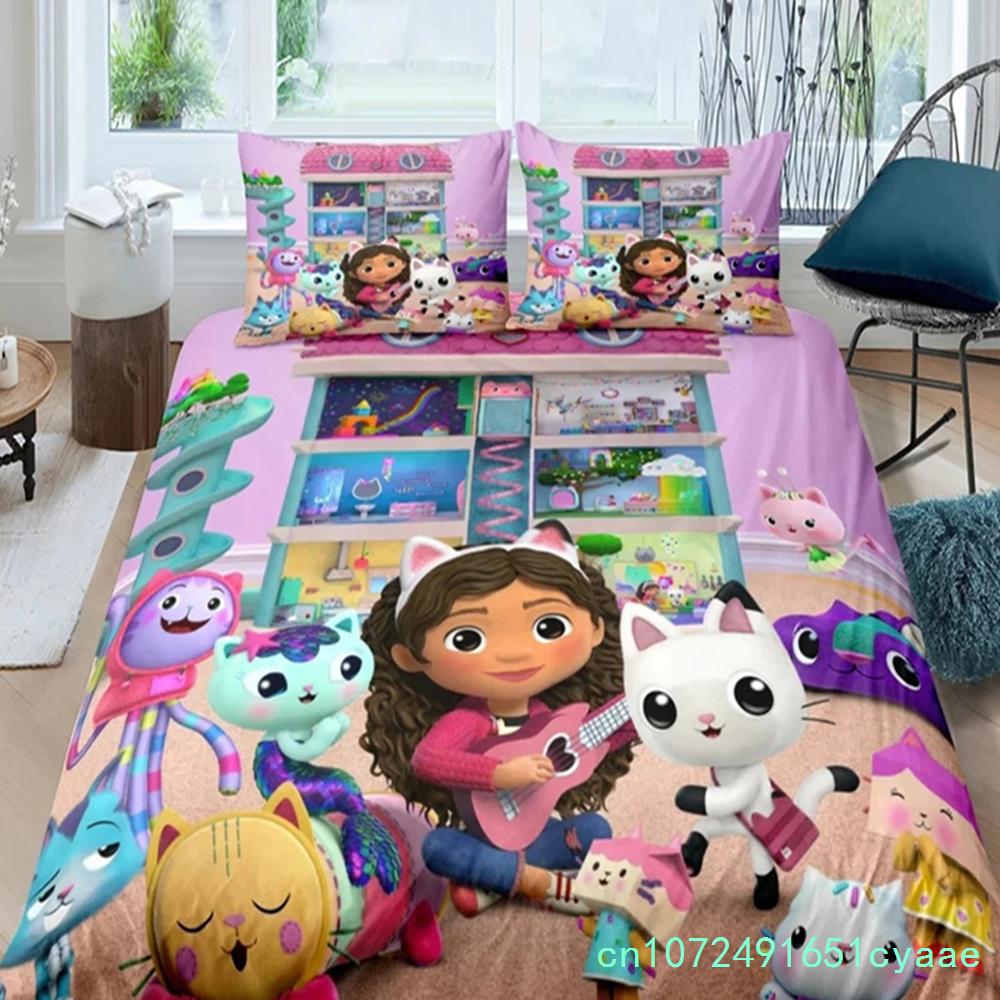 New 3D Gabby's Dollhouse Bedding Set Polyester Duvet Cover Set Pillow Cover Single Twin Full Bed Linen For Girls Boys Kids Gift