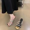 High-heeled slippers women's 2025 summer new thin strap square head rhinestone women's shoes fashion trend wear one-word slippers