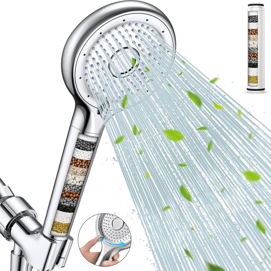 FEELSO Filtered Shower Head with Handheld, High Pressure 6 Spray Mode Showerhead with Filter, 15 Stages Water Softener Filters Beads for Hard